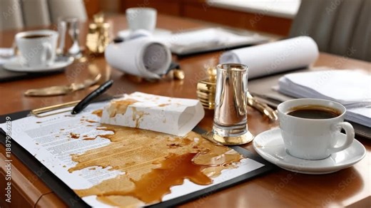 Unexpected Spill: Coffee stains the documents on a desk, a scene of disarray with scattered papers and a lingering cup of coffee, creating a visual narrative of a mishap or interruption.