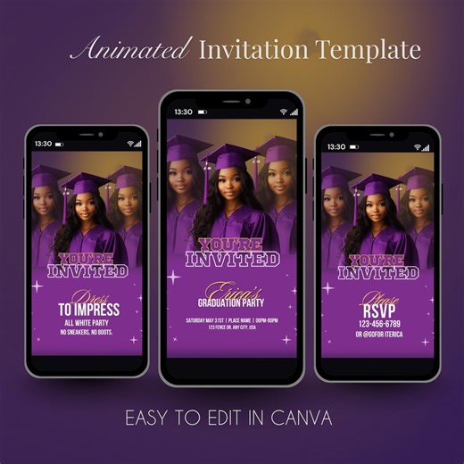 Purple Graduation Party Invitation Template | Animated Invite | Mobile Video (digital Download & Canva Editable) - Etsy