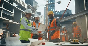 Crew of Construction and Site Managers Having a Meeting at a Construction Site with Skeleton Frame Building with Concrete and Steel Beams. Industrial Specialists Using Laptop to Check the Blueprints