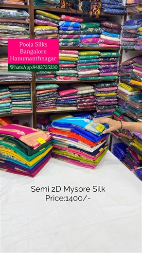 Pooja-The Saree Store on Instagram: "Semi 2D Mysore Silk Price:1400/- . 🏬 Pooja Silks 📞 Contact: +91 9482735330 (DM / WhatsApp) 📍 Location: Hanumanth Nagar, Bangalore 📌 Address: 421/2, 4th Main, 50 Feet Road Near Nirmala Bus Stop, Hanumanth Nagar, Bangalore – 560050 🕙 Timings: 10 AM – 9 PM (All Days) 📍 Google Maps"