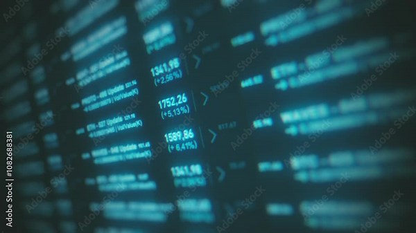 Stock Market And Exchange Board Background/ Animation of a business stock exchange market background with bitcoins currencies data and numbers and close-up of software screen with depth of field