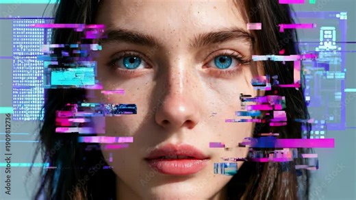 Cybernetic portrait of young woman with digital glitch effects and neural network interface. Static close-up shot.