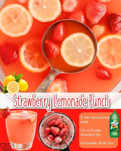 3 Ingredient Strawberry Lemonade Punch is made easy in minutes & tastes incredible! Ingredients: 🍋2 liter lemon-lime soda 🍋14 oz frozen strawberries 🍋lemonade drink mix https://butterwithasideofbread.com/strawberry-lemonade-punch/ | Butter with a Side of Bread