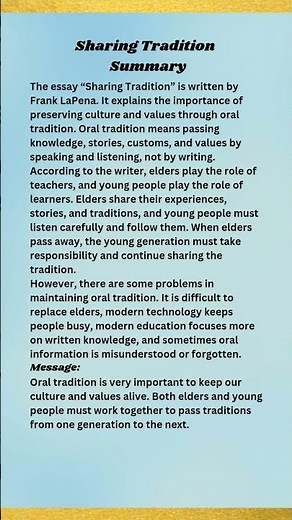 “Sharing Tradition Summary | class 11 | Easy Explanation by Frank LaPena”#shortsfeed #englishsummary