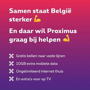 Samen staat België sterker. En daar wil Proximus graag bij helpen. Gratis bellen naar vaste lijnen, 10GB extra mobiele data, ongelimiteerd internet thuis en extra’s voor op TV. Vanaf zondagavond zal dit actief zijn voor alle klanten. Ontdek er alles over op https://www.proximus.be/nl/id_b_cr_proximus_helps/particulieren/blog/news/uit-eerste-hand/proximus-helpt.html | Proximus