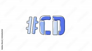 Hashtag #CD. 4K video. Blue font animated isolated on clear White background. Contrasting symbol, moving mobile form, black outline. Trendy popular Hashtag CD for user interface, mobile app