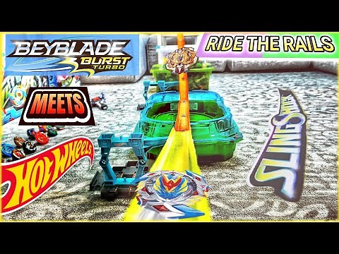 Beyblade Burst HOT WHEELS Crashing SlingShock Beystadium! Launching Beyblades on Hot Wheels Tracks