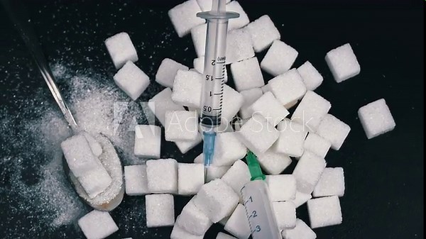 Sugar - drug, white sugar cubes and syringe. Sweets are harmful to health. Sugar addiction. Nutrition and diet control. Sugarless. Diabetes. Weight gain from sweets.