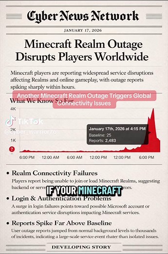 Thousands of players reported widespread disruptions to Minecraft Realms on January 17, 2026, with sharp spikes in outage complaints tied to login failures and server connectivity problems. The incident points to a large-scale backend or authentication service disruption rather than individual user errors.