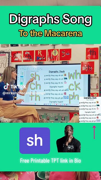 Learn Diagraphs with my free printable and catchy song! #digraphs #phonics #phonicssong #mrssmithscatchysongs #digraph #kindergartenteacher #learnenglish #phonicslesson #phonics #freeprintable #digraphsong #macarena #catchysong #macarenachallenge