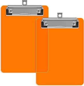 Mini Clipboard 2 Pack, 5 x 7 Plastic Small Orange Colored Clip Boards with Low Profile Clip, Hanging Clip Board, Memo Size for Classroom, Teacher, School, Office Supplies.