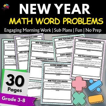 New Year 2026 Math Word Problems Add,Sub,Div Activities 4th,5th,6th,7th,8th,9th