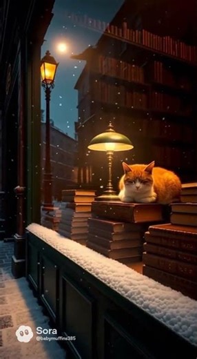 Winter windows: library cat (night version)