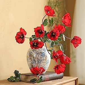 Artificial Silk Red Flower, 3pcs Faux Flowers Bouquet for Home Wedding Party Decoration, Fake Flower Stem Picks Dining Table Centerpieces (Wine Red)