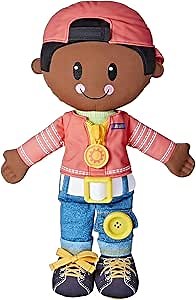 Playskool Dressy Kids Doll with Black Hair and Hat, Activity Plush Toy with Zipper, Shoelace, Button, for Kids Ages 2 and Up (Amazon Exclusive)