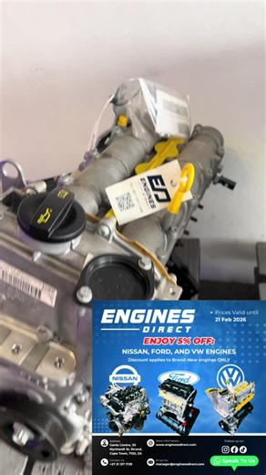 🔥 GENUINE BRAND NEW ENGINES IN STOCK 🔥 Looking for brand new, genuine engines? We’ve got you covered. 🚗 Nissan | Ford | VW 💥 Receive a 5% discount on selected brand new engines ✅ Genuine brand new units ✅ Peace of mind & reliability ✅ Limited-time offer 📅 Prices valid until 21 February 2026 / whilst stocks last! 📍 30 Mynhardt Street, Gants Centre, Strand ☎️ 021 137 1729 Engines Direct — genuine power, trusted supply. #EnginesDirect #BrandNewEngines #NissanEngines #FordEngines #VWEngines