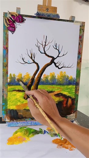 Easy Way to Paint a Beautiful Pine Tree Row 🌲 | Relaxing Acrylic Art #Shorts #stepbystep #acrylicpainting #drawtree #acrylic