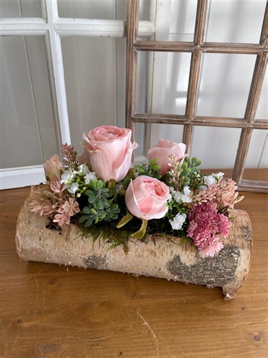 Spring Arrangement, Log Flower Arrangement, Silk Flower Arrangement, Spring Flowers, Gift, Roses, Table Arrangement - Etsy