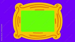 The dynamic gold frame on a purple background. Concept frame for photos on doors with green chroma key. Stock 4k video with alpha channel.