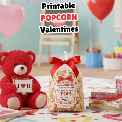Printable Popcorn Valentine Labels PDF | Poppin’ Valentine Treat Tags for Kids | Easy Print & Add Name | Classroom Non-candy Valentines - Etsy