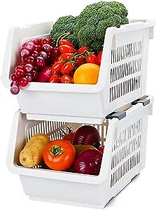 Baffect Pantry organizers, set of 2 Plastic Basket with rollers, Stackable Storage Bins for onions and potatoes (Beige)