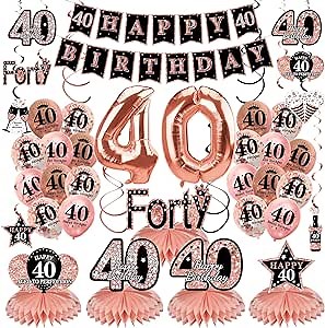 34Pcs 40th Birthday Decorations Kit for Women, Rose Gold Happy 40 Birthday Banner Balloons Honeycomb Centerpiece Hanging Swirls Kit Party Supplies, Forty Year Old Table Topper Party Decor