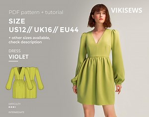 Violet Dress Digital Pattern Pdf Sewing Pattern With Tutorial Size US 12 UK 16 EU 44 - Etsy