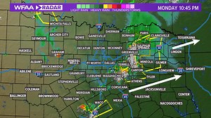 11:20 PM RADAR UPDATE -- The main line of storms that has winds in excess of 60 mph & quarter size hail will continue to move into East Texas. We will continue to watch development NW of DFW over the next few hours. #wfaaweather | WFAA Weather