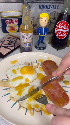 Making Cram & eggs and trying the Fallout Atomic Fire Hot Sauce for the first time 🥵 Label states “RAD LEVEL 5”! I miiiiight have gone overboard with the hot sauce ☢️😂 #fallout #falloutfood #cram #falloutcooking #falloutrecipe #nukacola #mrsfallout #hotsauce #atomic #1950s #1950svibes #falloutcollector #falloutcollection #fallout3 #fallout4 #fallout76 #falloutnewvegas #crafting #videogames #gaming #create #gamer #bethesdagamestudios #pov #wasteland #wastelanders #gamingvibes #falloutvibes #fal