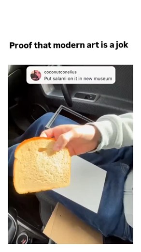 Thetrandlab48 on Instagram: "The video depicts a prank where a creator assembles a simple salami sandwich in a car and installs it on a museum pedestal, with passersby examining it intently as “art,” underscoring the post’s caption mocking modern art’s conceptual boundaries. - Posted December 15, 2025, by @SteveLovesAmmo—a U.S. Army veteran known for freedom-themed content—the clip has garnered 58,000 likes and 2.5 million views, amplifying critiques of installations like Maurizio Cattelan’s ban