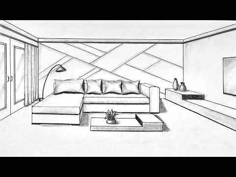How to draw a living room in one point perspective