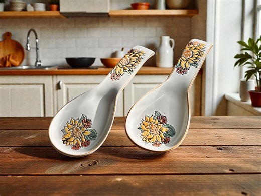 Vintage Sunflower Spoon Rest Set – Hand-painted Ceramic Kitchen Decor - Etsy