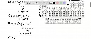 Using the periodic table as a guide, write the condensed electron configuration and determine the number of unpaired electrons for the ground state of (a) Cl,(𝐛) Al,(𝐜) Zr,(𝐝) As, (e) Sb,(𝐟) W | Numerade