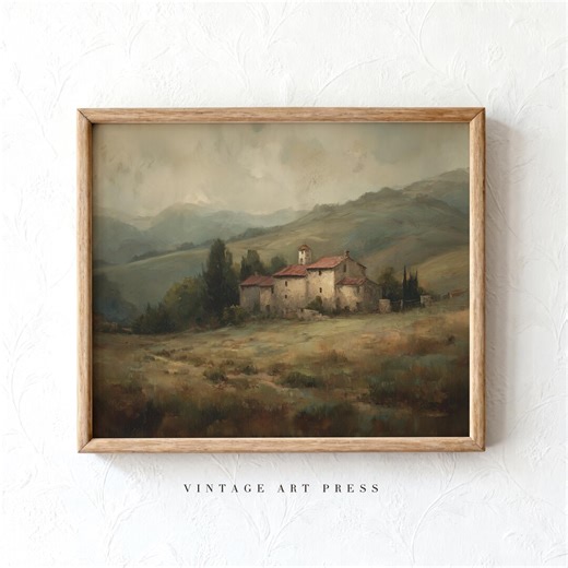 Vintage Tuscan Farmhouse Landscape Art Print, Countryside Oil Painting Scene, Rustic French Cottage Wall Decor, Printable Wall Art 217