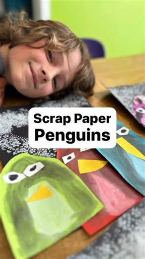 Rebecca Picker | Art Projects for Kids on Instagram: "🐧 These SCRAP PAPER PENGUINS are easy and adaptable for all ages, and even your youngest artist will be motivated to practice cuting because of the cuteness. It's Day 5 of sharing winter art lessons for kids that work great in the classroom or at kitchen table. My standards aligned art projects come with step by step pdf guides, video tutorials, and everything you need to make this project a success. No art experience required! Follow the li