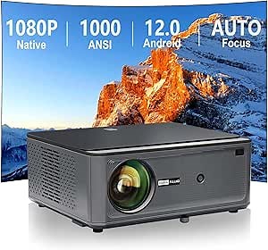 [1000 ANSI & Auto Focus] Projector with WiFi and Bluetooth, Native 1080P Smart Projector with Android os 2+32G, Auto Focus and Auto Keystone, Home Movie Projector 4K for HDMI/USB/TV Stick/Phone/PS5