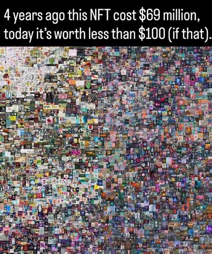 Facts And Conspiracy on Instagram: "This image is titled Everydays: The First 5000 Days by digital artist Beeple (real name Mike Winkelmann). In March 2021, it sold at Christie’s for a staggering $69 million, making it one of the most expensive digital artworks ever and the NFT sale that shocked the art world. The piece is a collage of 5,000 individual images Beeple created daily over 13 years. The sale marked a high point of the NFT craze, fueled by hype, speculation, and a booming crypto marke