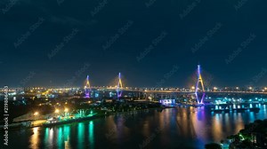 4K Time lapse of the Bhumibol Bridge or Industrial Ring Road Bridge, Traffic on road and Chao Phraya River, Bangkok Thailand.