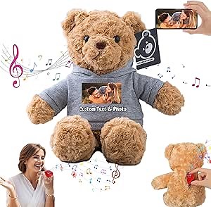 Personalized Teddy Bear with Voice Recording for Kids Adults, Personalized Gifts Bear with Bow Plush Toys with Text+Photo as Customized Gift for Valentines Christmas (13 inch-Text+Photo)
