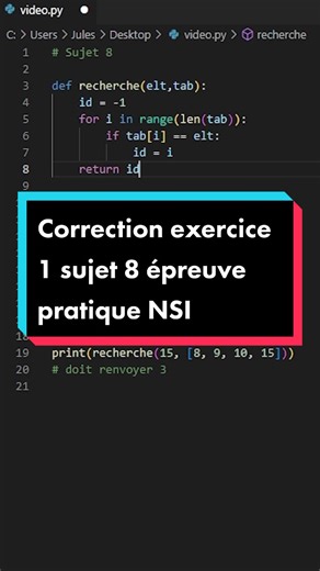Correction sujet 8 exercice 1 épreuve pratique nsi juin 2022. #informatique #python #bac2022 #nsi #code #visualstudio