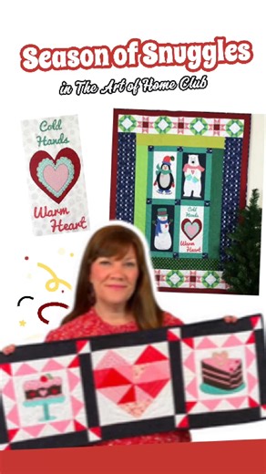 🧵❄️ Snuggle in with TWO adorable collections — before the price increases! Join the Art of Home Club in December and wrap yourself in creativity with: ✨ December Collection: Sweet Valentine appliqué/hand embroidery designs, a table runner, and adorable mug rugs. ✨ BONUS: Cold Hands, Warm Heart Collection: Create a quilt or wall hanging featuring a penguin, polar bear, snowman, and heart. Try applique, embroidery, fabric painting, or crayon tinting — the possibilities are endless! This truly is 