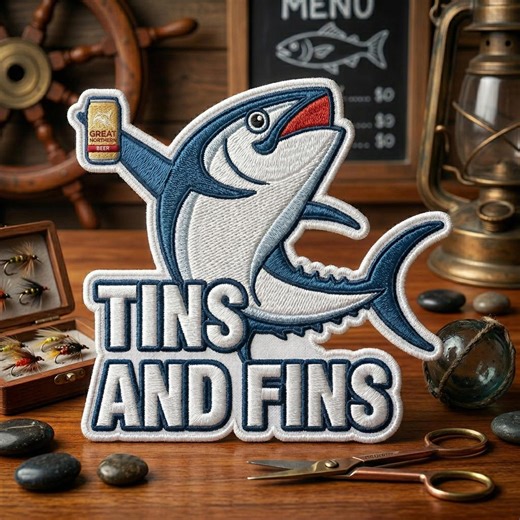 Tins And Fins Tuna Embroidered Patch, Funny Fishing Beer Embroidered Patch, Sarcastic Fisherman Drinking Art Decal