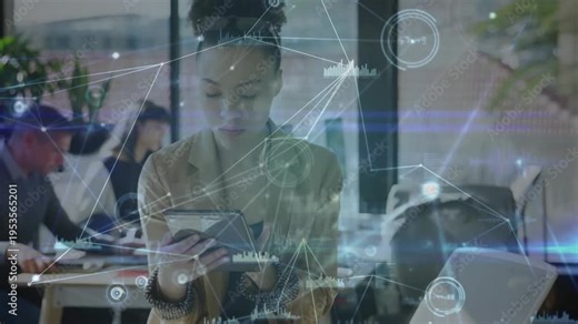 Woman tapping tablet and activating technology overlays for analyzing network charts and nodes