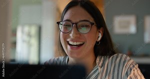 Video call, computer and happy woman walking with remote work and online conference in a home. Talking, working and digital seminar with a female freelancer with website, presentation and web meeting