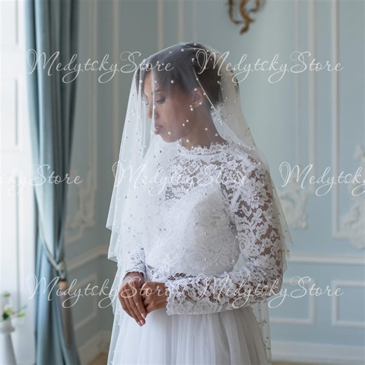 Pearl Bridal Veil With Blusher, Beaded Veil With Blusher, Pearl Bridal Veil Two Tier, Two Layer Pearl Veil, Double Layer Pearl Veil - Etsy