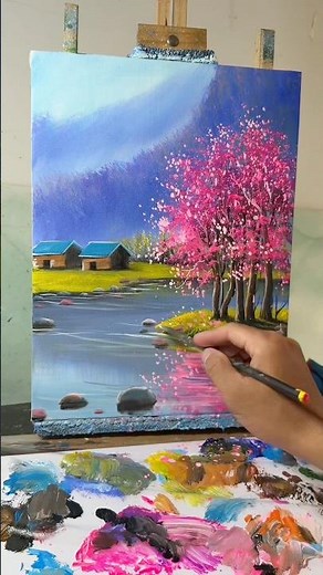 Full Cherry Blossom Tree Reflection Easy Acrylic Painting | Relaxing Art Tutorial 🌸