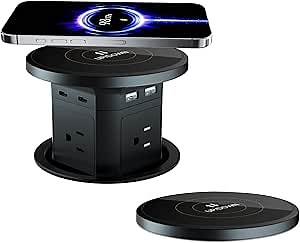 9-in-1 Pop-Up Outlet with Wireless Charging – 4 AC & 4 USB Ports, 2500W Overload Protection, 100-240V Global Voltage, 4-1/8" Cutout – Hidden Countertop Power Hub for Kitchen, Office, Conference Table