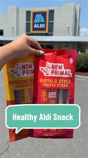 Run to ALDI for these @New Primal chicken sticks! High protein, 0 sugar, great ingredients… what more could you want in a snack?! #aldi #aldifinds #healthysnacks #highprotein #proteinsnack