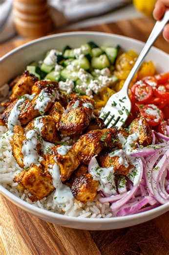 hese Greek Chicken Souvlaki Bowls bring together everything you love about a Mediterranean platter — in one fresh, satisfying bowl. Perfect for meal prep, lunch, or an easy dinner that feels way fancier than it is. 😍 📌 FULL RECIPE: Greek Chicken Souvlaki Bowls with Garlic Sauce Ingredients For the Chicken Marinade: 1.5 lbs boneless, skinless chicken breast or thighs, cut into chunks 3 tbsp olive oil Juice of 1 lemon 2 cloves garlic, minced 1 tsp dried oregano 1/2 tsp salt 1/4 tsp black pepper 