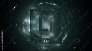 Lithium as Element 3 of the Periodic Table. Seamlessly looping 3D animation on green illuminated atom design background orbiting electrons name, atomic weight element number in Korean language